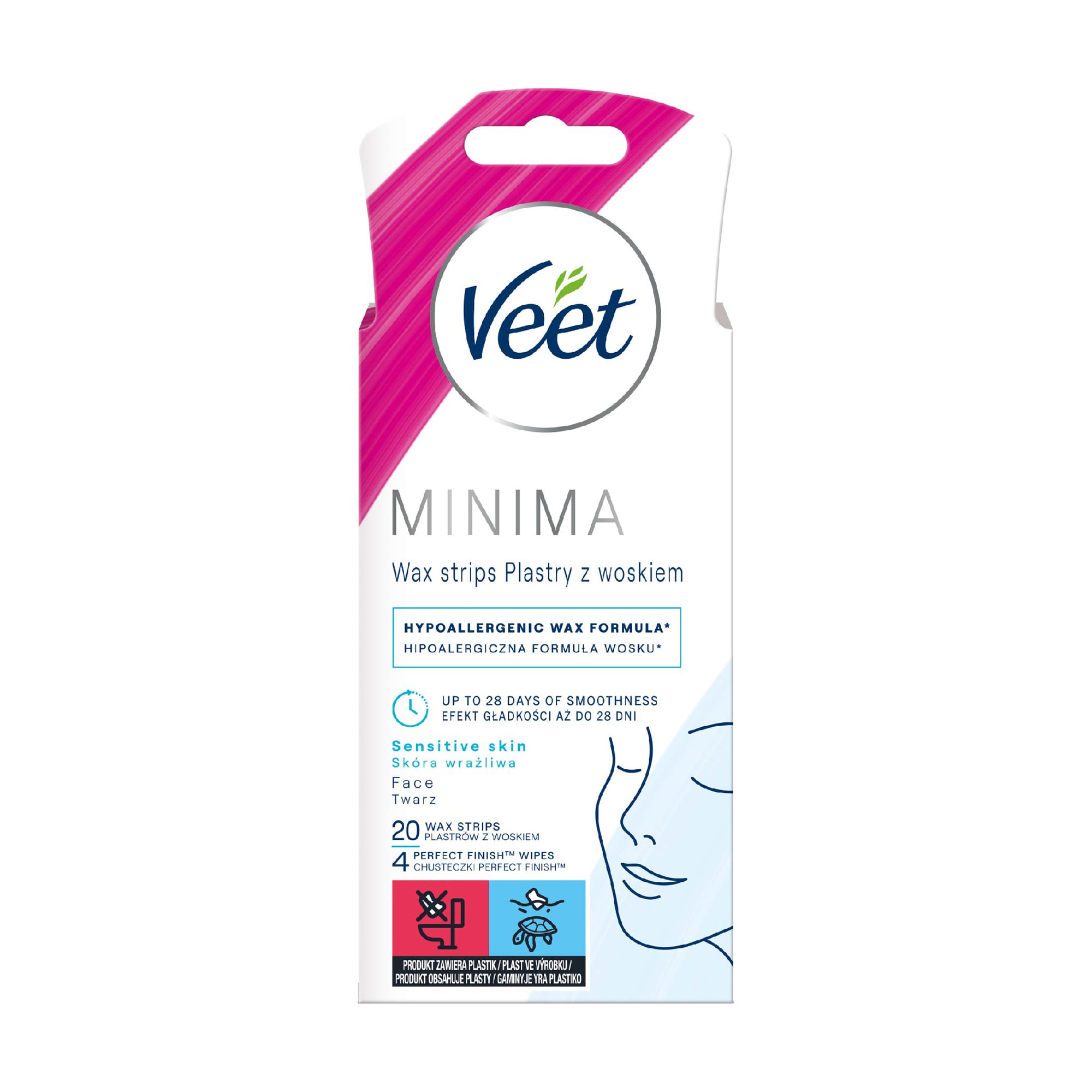 Воскові смужки для депіляції Veet Minima для чутливої шкіри обличчя, 20 шт