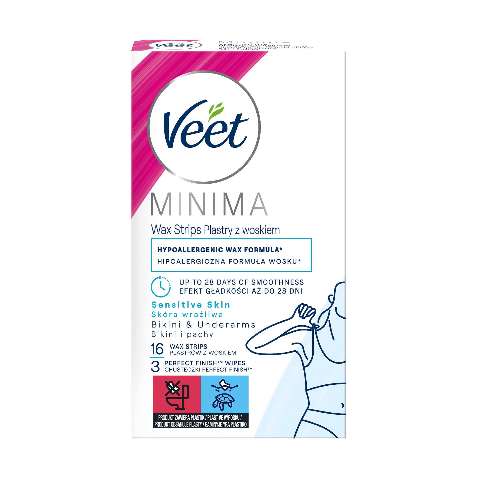 Воскові смужки для депіляції Veet Minima для чутливої шкіри, для лінії бікіні та пахв, 16 шт